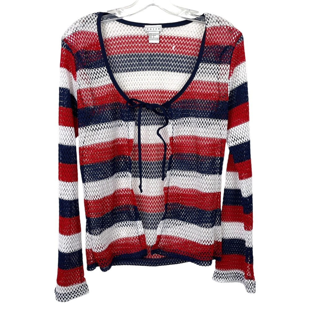 VOICE Red White Blue Striped Open Front Tie Front Longsleeve Cardigan Net Top